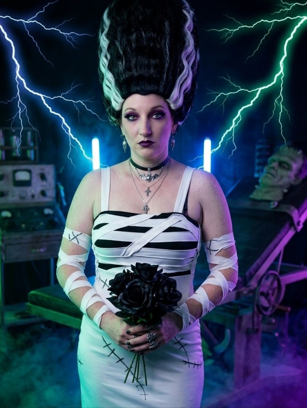 Monster Bride Costume Size Large & Lady Monster Wig Bride of Frankenstein Horror